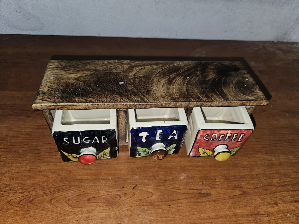 Curios Tea Coffee Sugar 3 Drawer Brown Wood Apothecary Chest