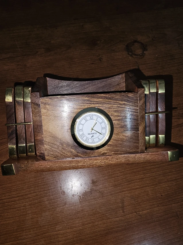 wooden clock stand and tea coasters