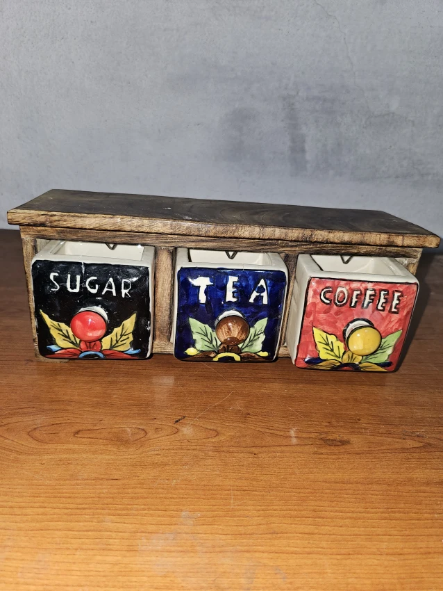 Curios Tea Coffee Sugar 3 Drawer Brown Wood Apothecary Chest