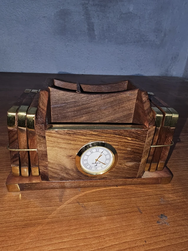 wooden clock stand and tea coasters